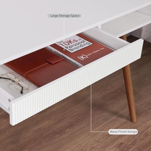 Artswish White Wood Desk with Drawer, 42" Mid Century Modern Writing Desk