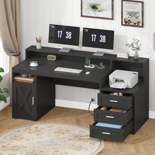 65" Farmhouse Computer Desk with Drawers and Printer Stand for Home Office