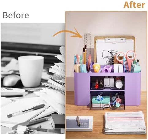 Marbrasse Pen Organizer with 2 Drawer, Multi-Functional Pencil Holder for Desk, Desk Organizers and Accessories with 5 Compartments + Drawer for Office Art Supplies (Purple)