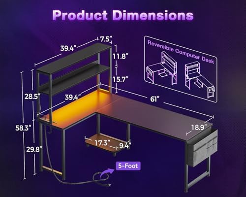 ODK 61" L Shaped Gaming Computer Desk with Shelves, LED & Outlets, Black