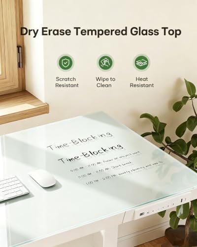 Marsail Glass Standing Desk, 55 x 28 Inch Electric Standing Desk,White