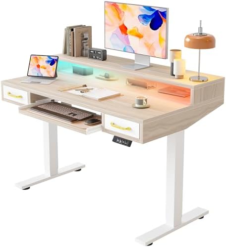 TIQLAB Standing Desk with Two Drawers, Stand Up Standing Desk Adjustable Height, Electric Sit Stand Table with Storage Shelf and Splice Board, with LED Light, 47 * 28 inch, Light Walnut