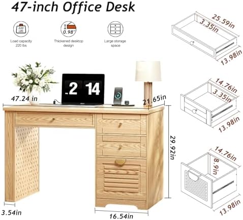 Ieejdn 47" Home Office Desks, Executive Desk, Farmhouse Computer Desk with Drawers and Charging Station, File Drawer, Storage Cabinet, Rustic Computer Writing Desk,Antique Natural