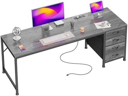 PRAISUN 63 Inch Computer Office Desk with Power Outelts and USB-C Port, Reversible Gaming Desk with 4 Fabric Drawers, Work Study Desk Work from Home, Grey