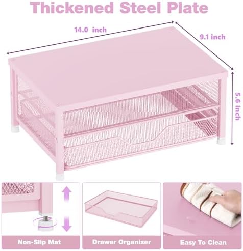OPNICE Computer Monitor Stand Riser, Desk Organizer with Drawer, Printer & Laptop Stand, Office Desk Accessories & Workspace Desktop Organizers Storage for Office Supplies(Pink)