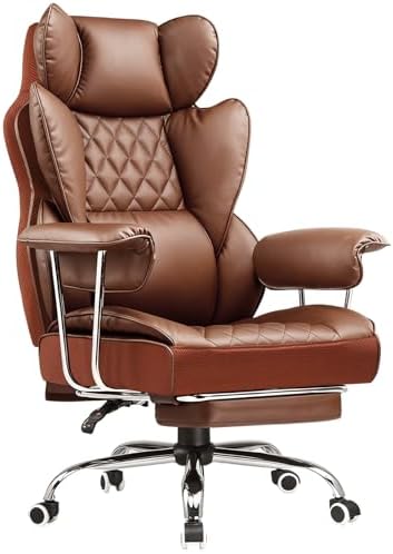 COMHOMA Big and Tall Office Chair, High Back Leather Gaming Chair with Footrest, Executive Ergonomic Office Chairs with Pocket Spring Lumbar Support and with Outward Fixed Soft Armrests