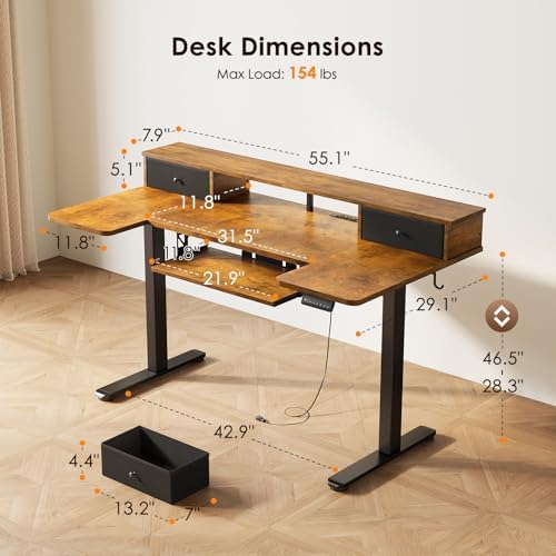 OffiGo 55 Inch U Shape Standing Desk, Keyboard Tray & Drawers, Rustic Brown