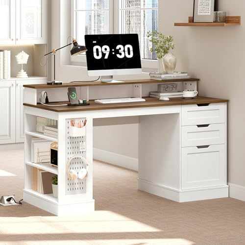 55-inch Farmhouse Executive Desk with 2 Drawers and File Cabinet, Computer Desk with 3-Tier Storage Shelves, Home Office Desk with Charging Station, Pegboard & Monitor Shelf, White and Walnut