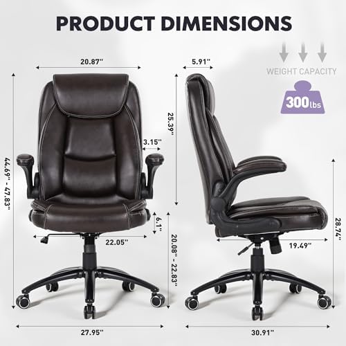 300lbs Capacity Executive Desk Chair with Ergonomic Lumbar Support, Flip-up Arms & High Back Leather Computer Chair for Home/Office, Brown