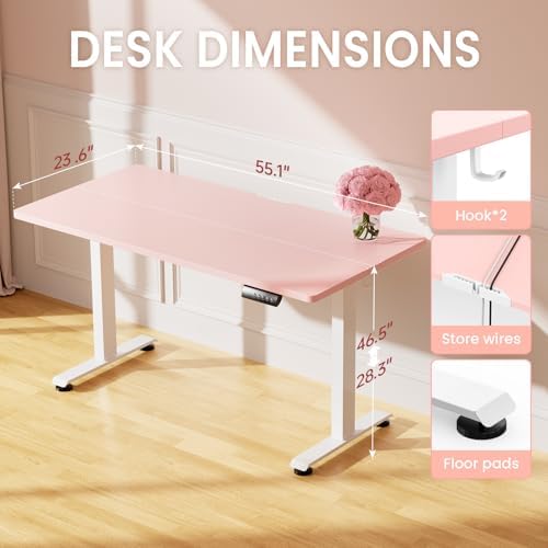 Veken 55 Inch Large Electric Standing Desk, Gaming Table, Pink
