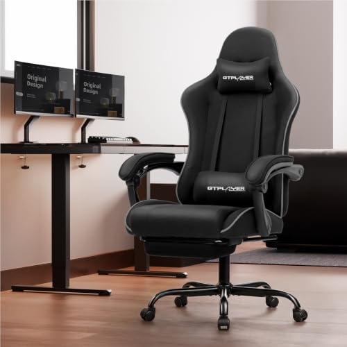 GTPLAYER Gaming Chair, Computer Chair with Footrest and Lumbar Support, Height Adjustable Game Chair with 360°-Swivel Seat and Headrest and for Office or Gaming (All Black-Fabric)
