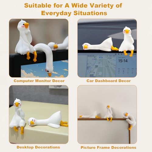 4 PCS Resin Goose Figurine Computer Monitor Decor,Cute Mini Goose Statues for Car Dashboard,Funny Desk/TV/Photo Frame Decorations (White Goose)