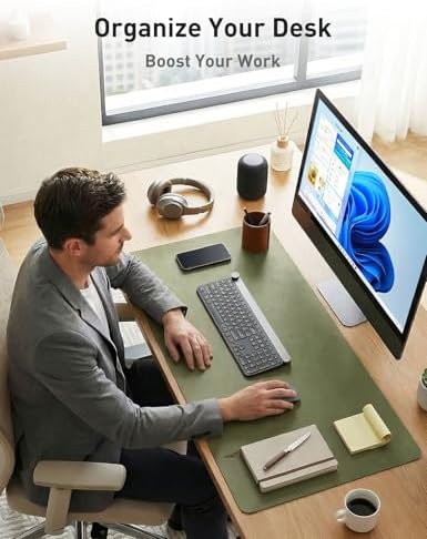 Aothia Faux Leather Desk Mat - Non-Slip PU Leather Desk Blotter, Waterproof Writing Surface, Large Desk Pad for Office & Home (Olive Green, 55" x 17")