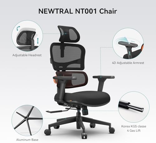 Newtral Office Chair Ergonomic - Home Office Desk Chair, Back Pain Chair with Auto-Following Lumbar Support, 4D Armrest, Seat Depth and Height Adjustable