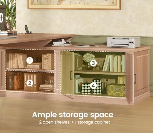 SEDETA Farmhouse L Shaped Desk with Drawers, 70.9" Home Office Desk with Storage Cabinet and Storage Shelves, L Shaped Computer Desk with Power Outlet，Oak