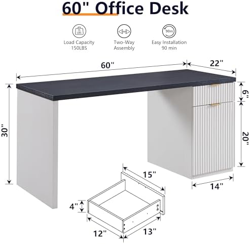 60" Fluted Home Office Desk, Reversible Left‑Right Cabinet, Built‑in Outlet