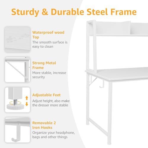 DLisiting White Computer Desk with Hutch & Drawers - 47 Inch Modern Study Writing Office Desk with 3 Storage Drawers and Power Outlets for Bedroom Home Office
