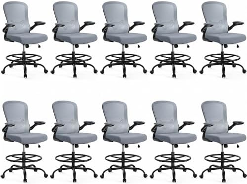 ErGear Drafting Chair,Tall Office Chair with Flip-Up Armrests, High Desk Chair Adjustable Height and Adjustable Footrest Ring, Ergonomic Standing Desk Chair with Lumbar Support, Blue,10 Pack