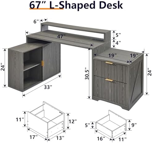 67"Modern Desk with Cabinet & 2 Drawers, Fluted Office Desk Built‑in Outlet