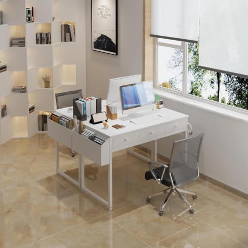Lufeiya Small White Computer Desk with Drawers for Home Office Bedroom, 40 Inch Vanity Desk with Fabric Drawer Storage and Side Pouch, Study Writing Table, White
