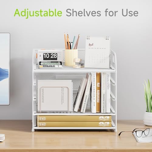 Cawukege 5 Tier Paper Organizer with Handle, White Metal Mesh Desk Organizer File Folder Paper Letter Tray Desktop Document Sorter for Classroom, School, Office Accessories Organization and Storage
