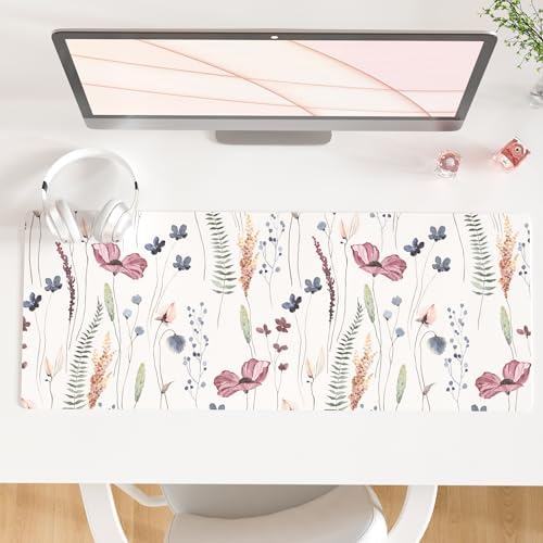 QiyI PU Leather Large Mouse Pad, Office Decor, 31.5" x 11.8", Wildflowers