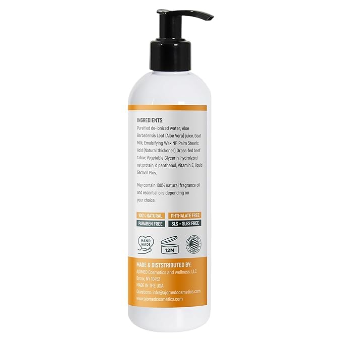 Tallow & Goat Milk Body Lotion for Sensitive Skin, Organic moisturizing Lotion - tallow for skin cream, Dry skin, Goat Milk face and body Moisturizer - Handmade Tallow lotion 12oz LAVENDER VANILLA
