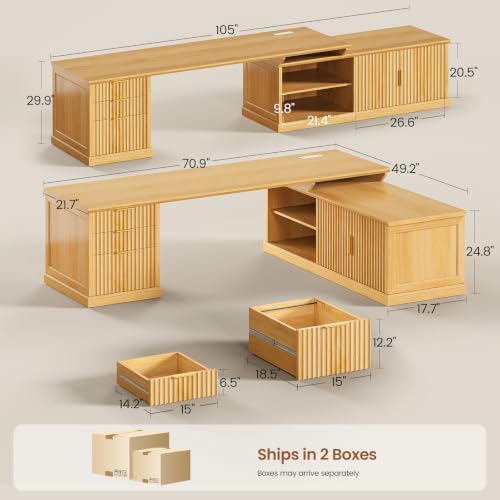 SEDETA Fluted 70.9" L Shaped Desk with Drawers, Fluted Oak