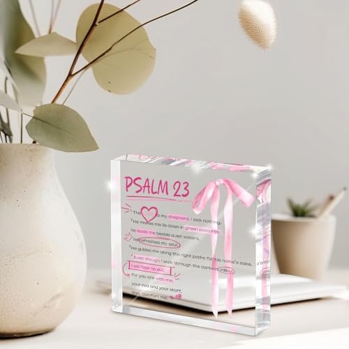 Pink Bow Room Decor, Valentines Day Decor, Inspirational Bible Verse Quotes, Christian Psalm 23 Gifts for Women, Coquette Aesthetic Bow Dorm Decoration, Acrylic Office Desk Accessories Decoration