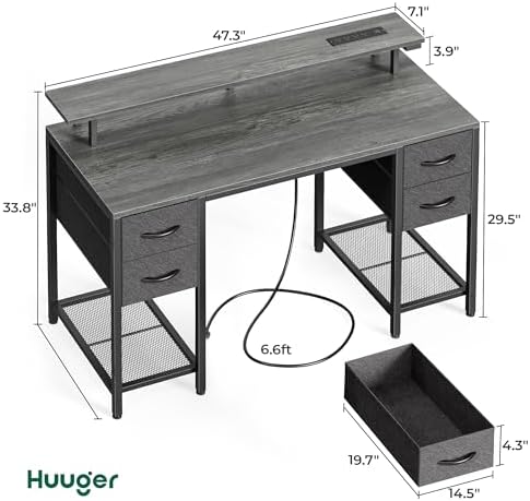 Huuger 47 inch Computer Desk with Power Outlets & 4 Drawers
