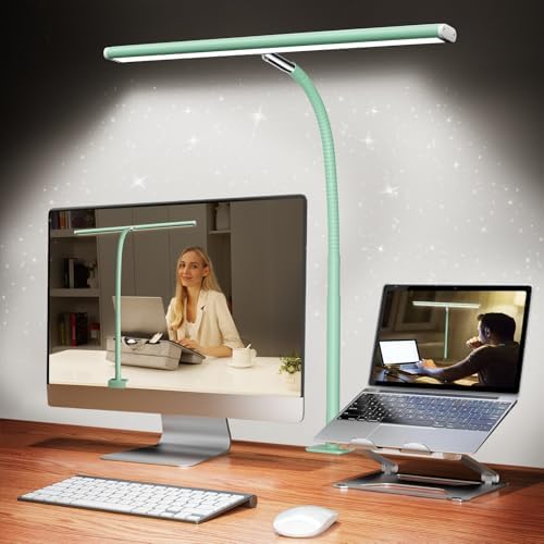 Airlonv LED Desk Lamp with Clamp, 17" Stepless Dimming Light, Mint Green