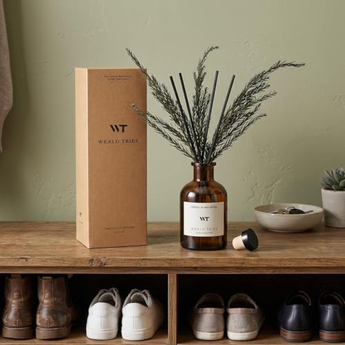 WEALD TRIBE Reed Diffuser Set for Bathroom Air Fresheners, Oil Diffuser Sticks with Flower | Balsam Fir Scent 4.0 fl oz Home Fragrance with Sticks Defusers | House Bedroom Office Shelf Decor