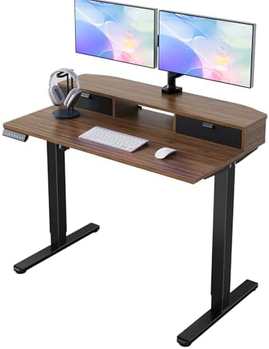 HUANUO 40" X 24" Electric Standing Desk with 2 Drawers, C-Clamp Mount Compatible, Height Adjustable Computer Desk, Home Office Stand Up Desk with 4 Preset Heights & 2 Hooks, Walnut