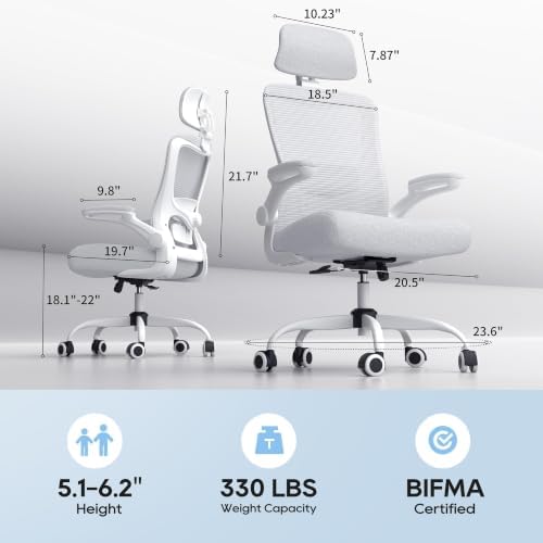 Ergonomic Office Chair - High Back Desk Chair with Adjustable Lumbar Support, Breathable Mesh Back, 330LBS Capacity, Easy Assembly (White/White)