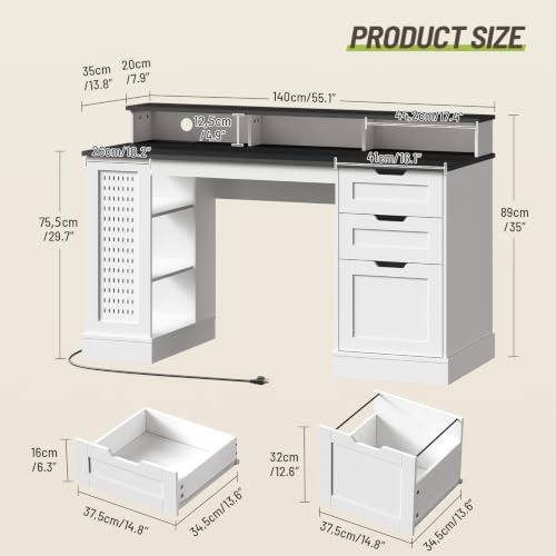 55-Inch Farmhouse Executive Desk with 2 Drawers and File Cabinet, Computer Desk with 3-Tier Storage Shelves, Home Office Desk with Charging Station, Pegboard and Monitor Shelf, White and Black