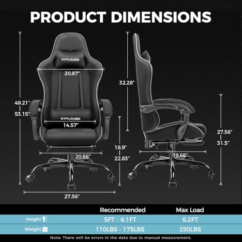 GTPLAYER Gaming Chair, Computer Chair with Footrest and Lumbar Support, Height Adjustable Game Chair with 360°-Swivel Seat and Headrest and for Office or Gaming (All Black-Fabric)