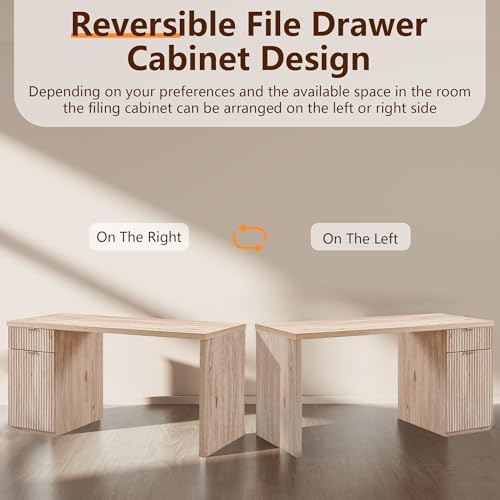 60" Fluted Office Home Desk, Reversible Left‑Right Cabinet, Built‑in Outlet