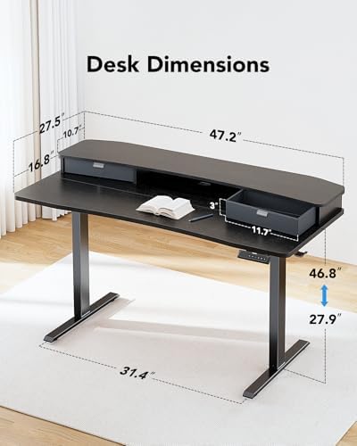 HUANUO 48″ x 28″ Electric Standing Desk with 2 Drawers, C-Clamp Mount Compatible, Height Adjustable Computer Desk, Home Office Stand Up Desk with 4 Preset Heights & 2 Hooks, Black