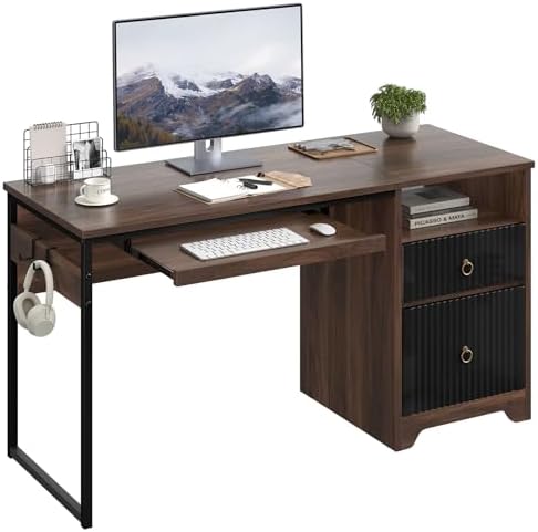 Bestier 55 Inch Wood Computer Desk with File Drawer & Keyboard Tray, Cherry