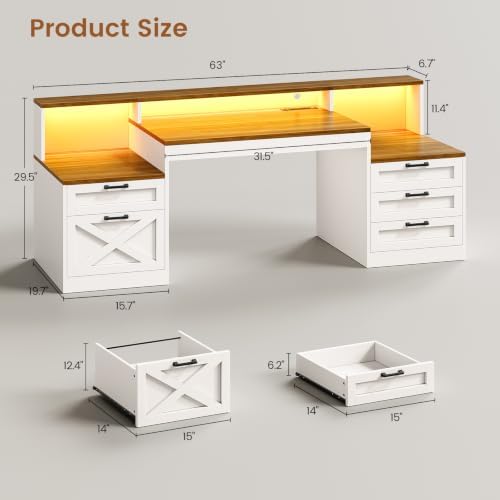 SEDETA 63" Farmhouse Office Desk with 5 Drawers, White and Brown