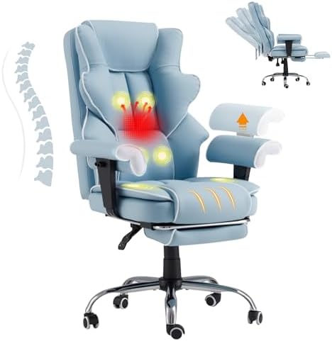 HOMREST 6-Point Massage Executive Chair,Heat Office Chair,Ergonomic Home Office Desk Chairs with Retractable Footrest and Reclining Function,Leather Computer Chair with Adjustable Armrest(‌Airy Blue)
