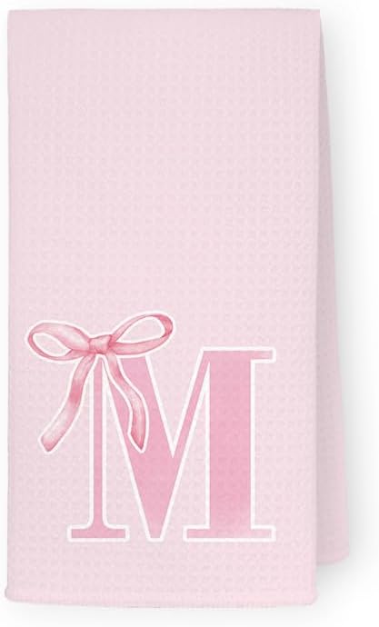 Monogrammed Initial M Hand Towels for Bathroom, Personalized Gifts for Women Girls Birthday Christmas, Coquette Preppy Pink Bows Waffle Kitchen Dish Tea Towels with Initial, 16x24 Inch