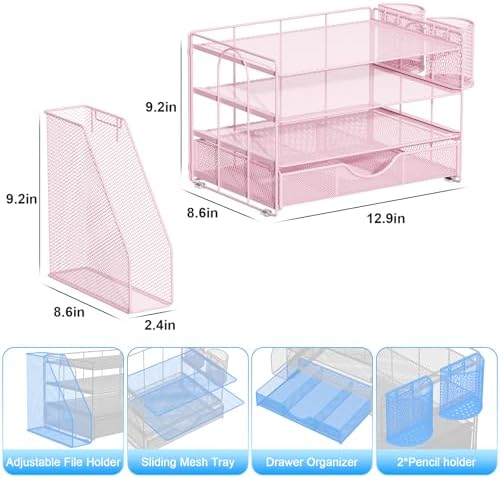 gianotter Desk Organizers and Accessories with File Holder, 4-Tier Desk Accessories & Workspace Organizers with Drawer and 2 Pen Holder, Paper Organizer for Office Supplies (Pink)