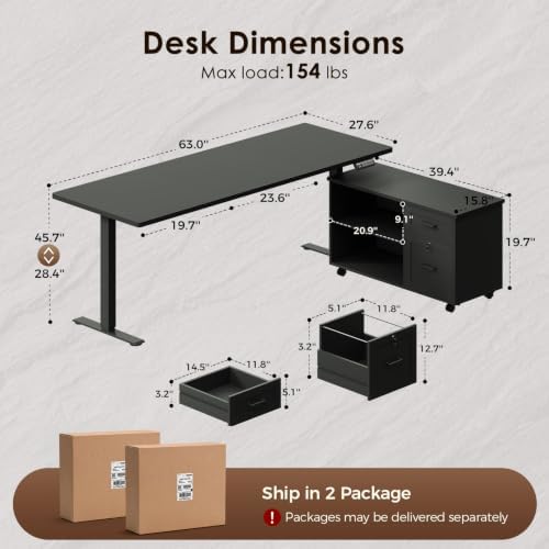 OffiGo 63 Inch L Shaped Electric Standing Desk with Cabinet Sets, Black