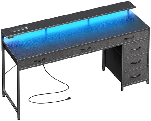 Huuger Gaming Desk with 6 Drawers, Computer Desk with LED Lights Power Outlets and Type-C, 55 Inch Office Desk with Storage, Monitor Stand, Writing Desk Work Desk Home Office, Bedroom, Black, 1CD102B