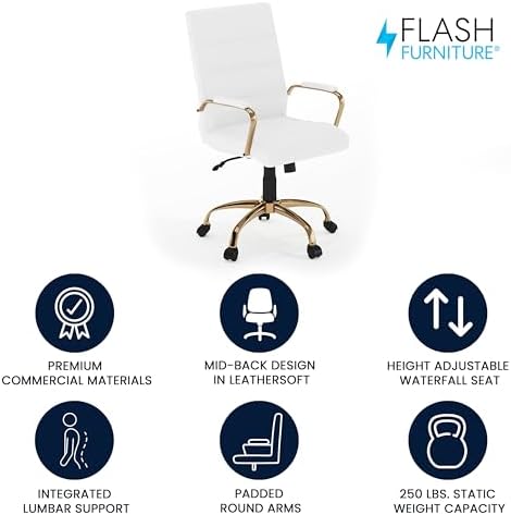 Flash Furniture Mid-Back White LeatherSoft Executive Swivel Office Chair with Gold Frame and Arms