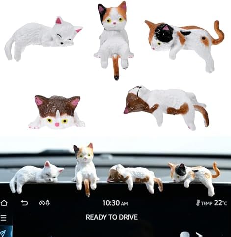 5 Pcs Mini Cat Desk Figurines, Cute Cat Dashboard Decorations Computer Monitor Decor, Resin Cats Shippers Ornaments for Car Interior Rearview Mirror & Desk Accessories, Funny Gifts for Cats Lovers