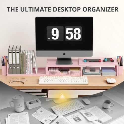 OPNICE Desk Organizers and Accessories, Dual Monitor Stand Riser with Drawer and 2 Pen Holders, Desk Shelf Computer Racks for Office Workspace Organizers, Desktop Organization (Peach-Pink)