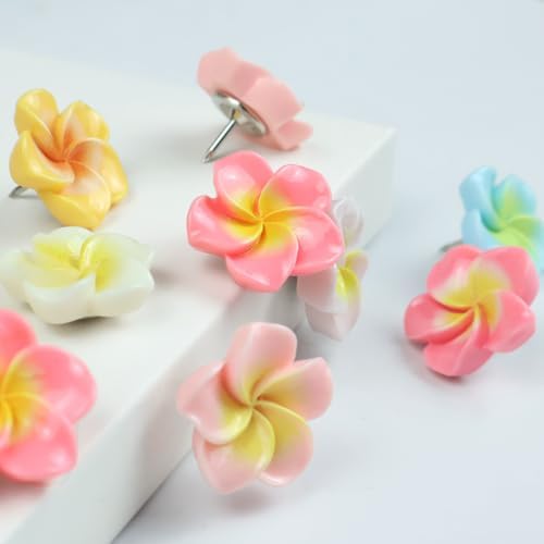 30pcs Flower Cabochons Flatback Plumeria Flower Push Pins in 7 Colors Cute Office Decor for Women Cork Board Bulletin Board, Photos Wall Maps and Other Offices Schools Supplies Christmas Decoration