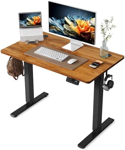 YIHAYO Electric Standing Desk, 40 x 24 Inches Stand Up Desk with Splice Board, Adjustable Height Desk, Computer Desk for Home Office, Black Frame/Rustic Brown Top